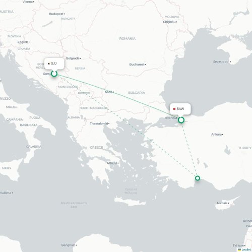 Mapa de vuelo directo Sarajevo - Estambul