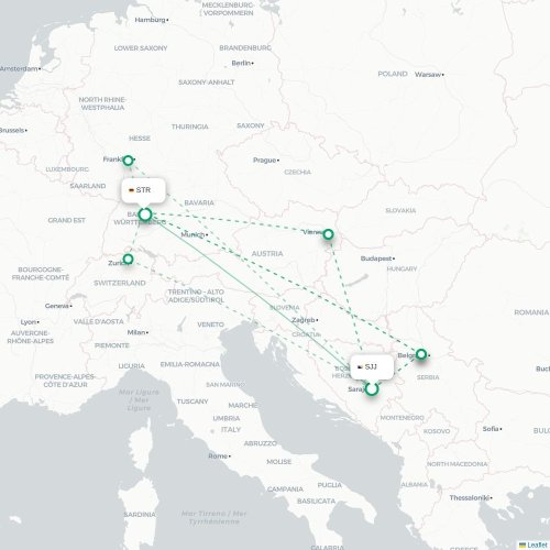 Mapa de vuelo directo Sarajevo - Stuttgart