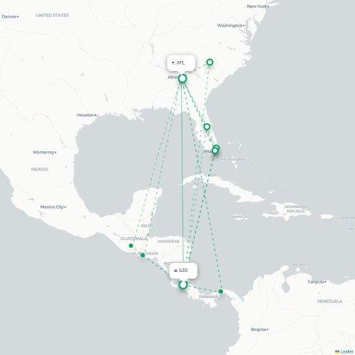 Mapa de vuelo directo San José - Atlanta