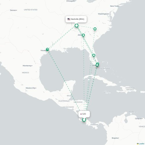Mapa de vuelo directo San José - Nashville