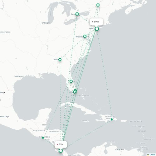Mapa de vuelo directo San José - Newark