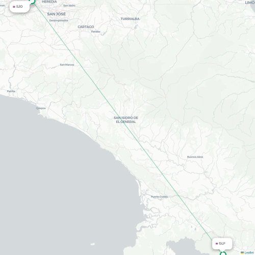 Mapa de vuelo directo San José - Golfito
