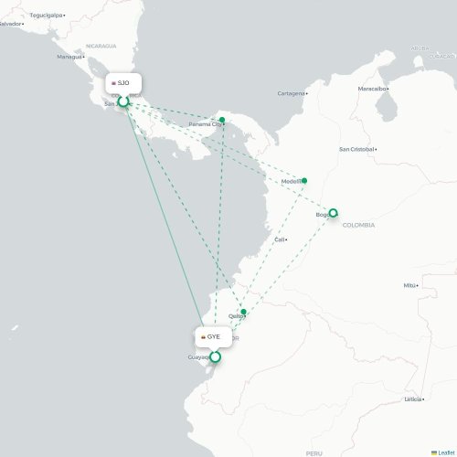Mapa de vuelo directo San José - Guayaquil