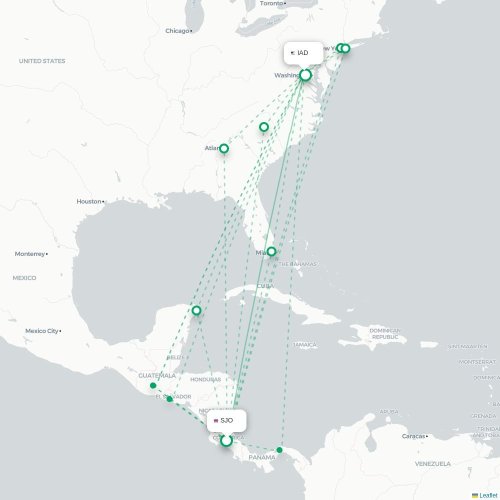 Mapa de vuelo directo San José - Washington D. C.
