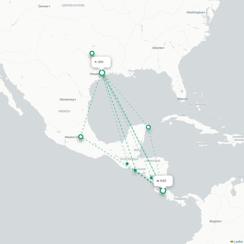 Mapa de vuelo directo San José - Houston