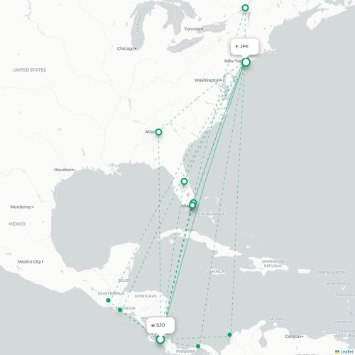 Mapa de vuelo directo San José - Nueva York