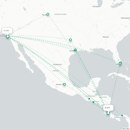 Mapa de vuelo directo San José - Los Ángeles