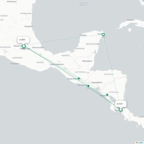 Mapa de vuelo directo San José - Ciudad de México, D.F.