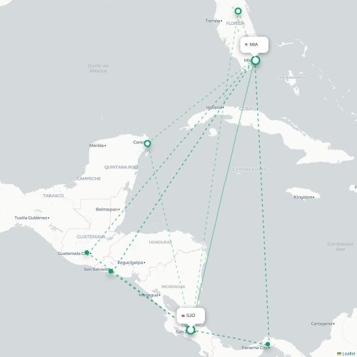 Mapa de vuelo directo San José - Miami