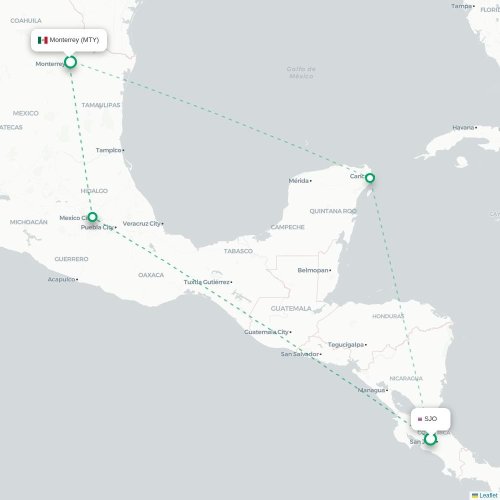Mapa de vuelo directo San José - Monterrey