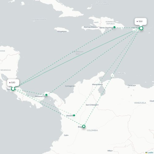 Mapa de vuelo directo San José - San Juan
