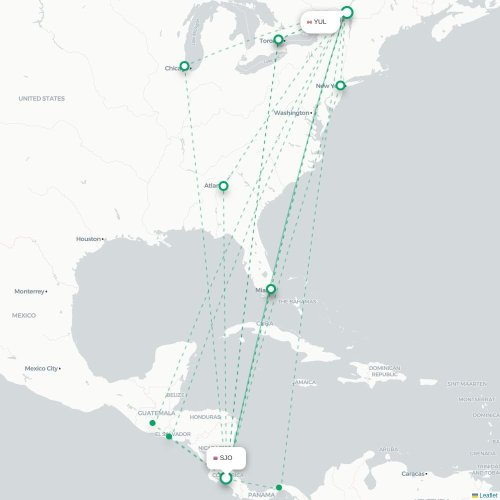 Mapa de vuelo directo San José - Montreal