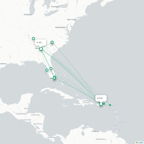 Mapa de vuelo directo San Juan - Atlanta