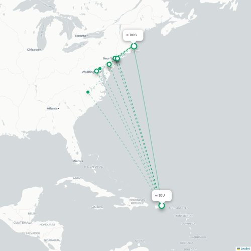 Mapa de vuelo directo San Juan - Boston
