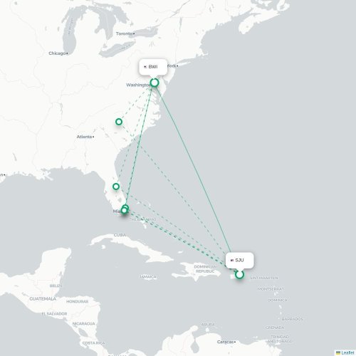 Mapa de vuelo directo San Juan - Baltimore