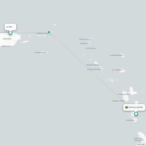 Mapa de vuelo directo San Juan - Roseau