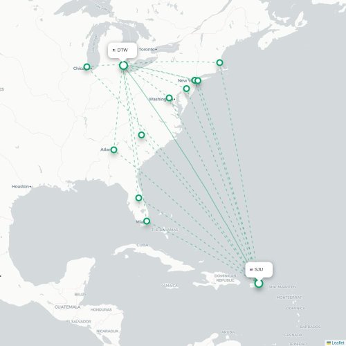 Mapa de vuelo directo San Juan - Detroit