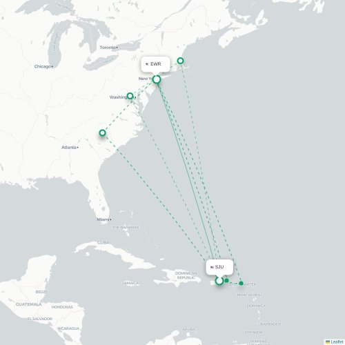 Mapa de vuelo directo San Juan - Newark