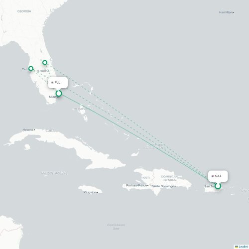 Mapa de vuelo directo San Juan - Fort Lauderdale