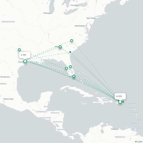 Mapa de vuelo directo San Juan - Houston