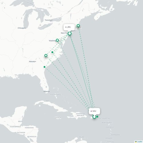 Mapa de vuelo directo San Juan - Nueva York
