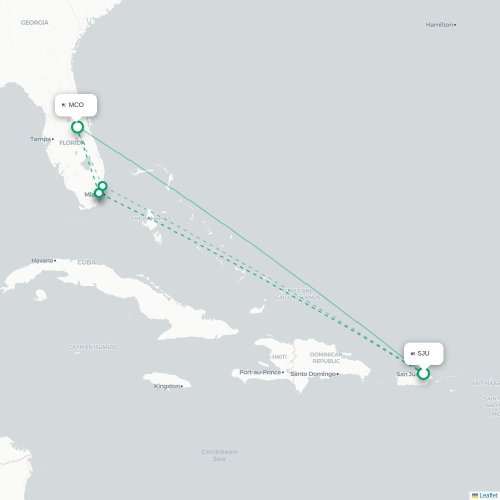 Mapa de vuelo directo San Juan - Orlando