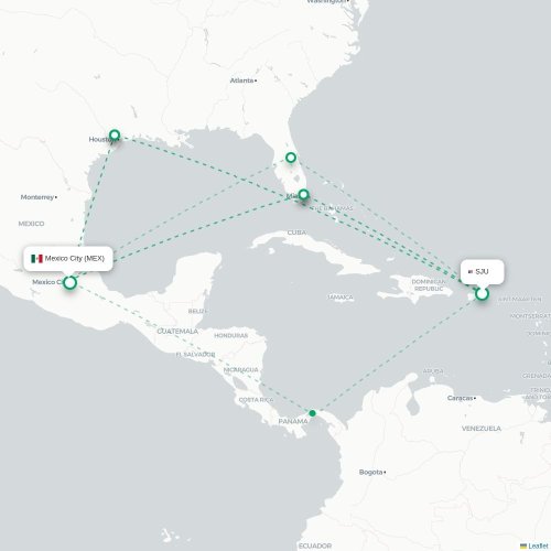 Mapa de vuelo directo San Juan - Ciudad de México, D.F.