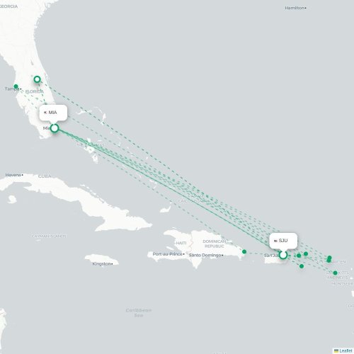 Mapa de vuelo directo San Juan - Miami