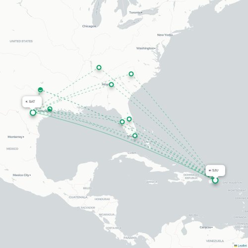Mapa de vuelo directo San Juan - San Antonio