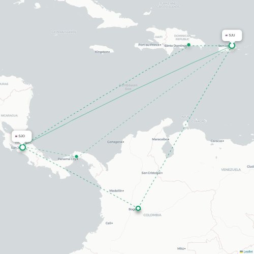 Mapa de vuelo directo San Juan - San José