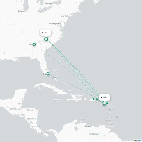 Mapa de vuelo directo Basseterre - Charlotte