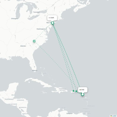 Mapa de vuelo directo Basseterre - Newark