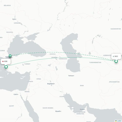 Mapa lotu bezpośredniego Samarkanda – Izmir