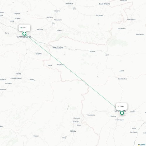 Mapa lotu bezpośredniego Samarkanda – Duszanbe