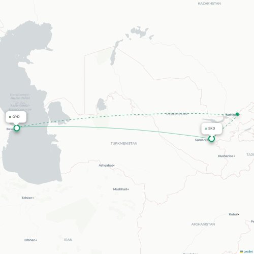 Mapa de vuelo directo Samarkanda - Bakú