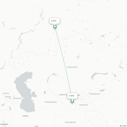 Samarkand - Jekaterinenburg kaart van rechtstreekse vlucht