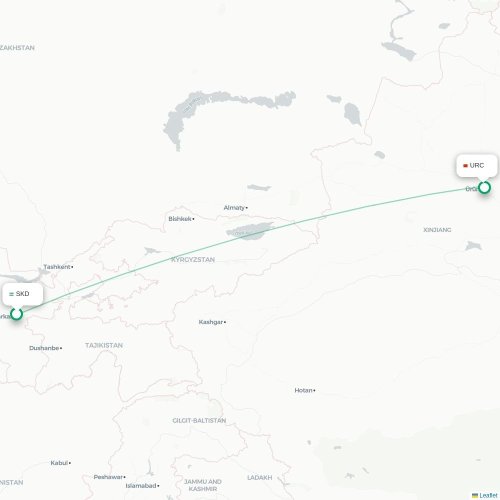Mapa lotu bezpośredniego Samarkanda – Urumczi
