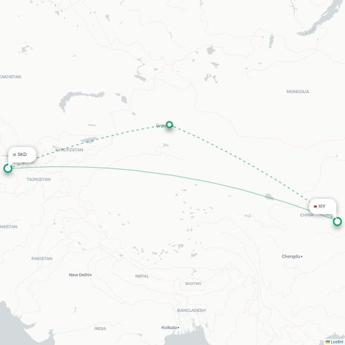 Mapa lotu bezpośredniego Samarkanda – Xi'an