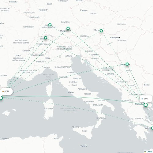 Mapa de vuelo directo Salónica - Barcelona