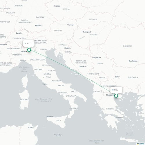 Mapa de vuelo directo Salónica - Bérgamo