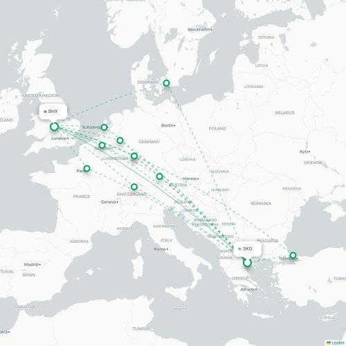 Mapa de vuelo directo Salónica - Birmingham