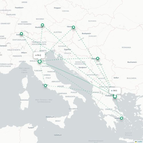 Mapa de vuelo directo Salónica - Bolonia
