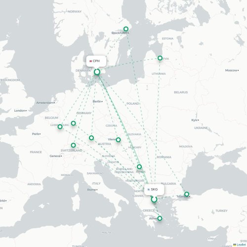 Thessaloniki - København kort over direkte fly