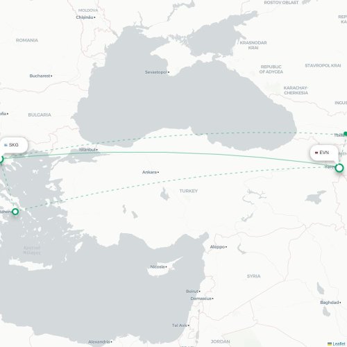 Mapa de vuelo directo Salónica - Ereván