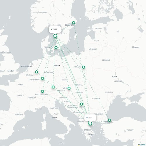 Mapa de vuelo directo Salónica - Gotemburgo