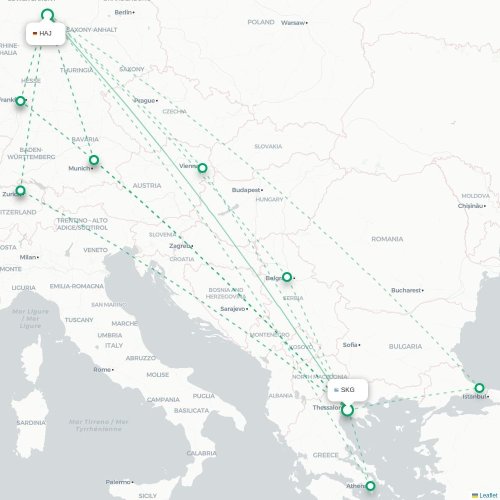 Mapa de vuelo directo Salónica - Hannover