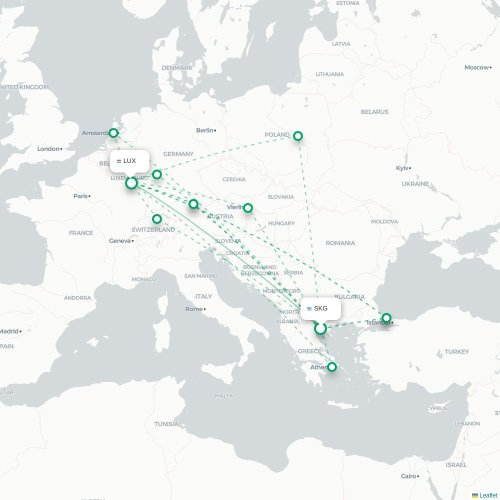 Mapa de vuelo directo Salónica - Luxemburgo