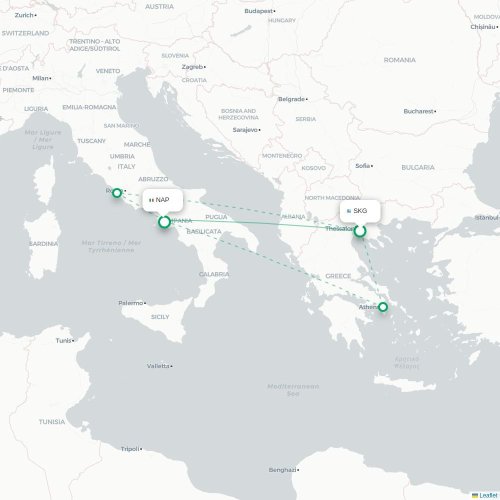 Mapa de vuelo directo Salónica - Nápoles