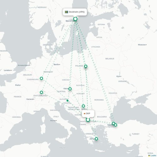 Skopje - Stockholm karta över direktflyg