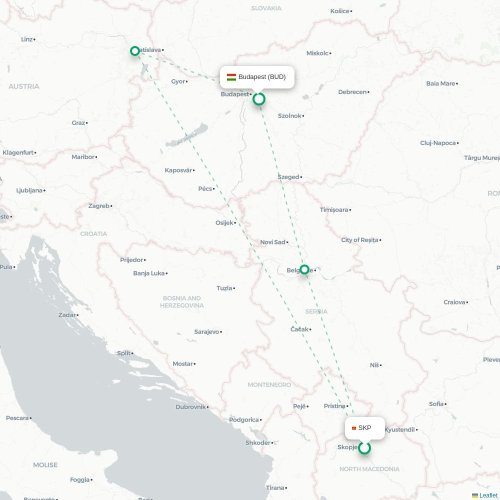 Skopje - Budapest karta över direktflyg